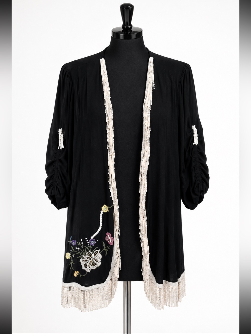 Lacy After Noon Size L Vintage Kimono Cardigan Embroidered Floral With Fringe